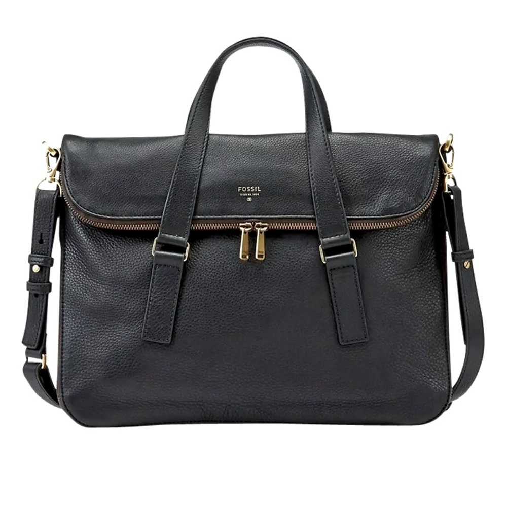 Fossil Women's Black Women's Preston Foldover Leather Cow Hide Leather Tote Bag